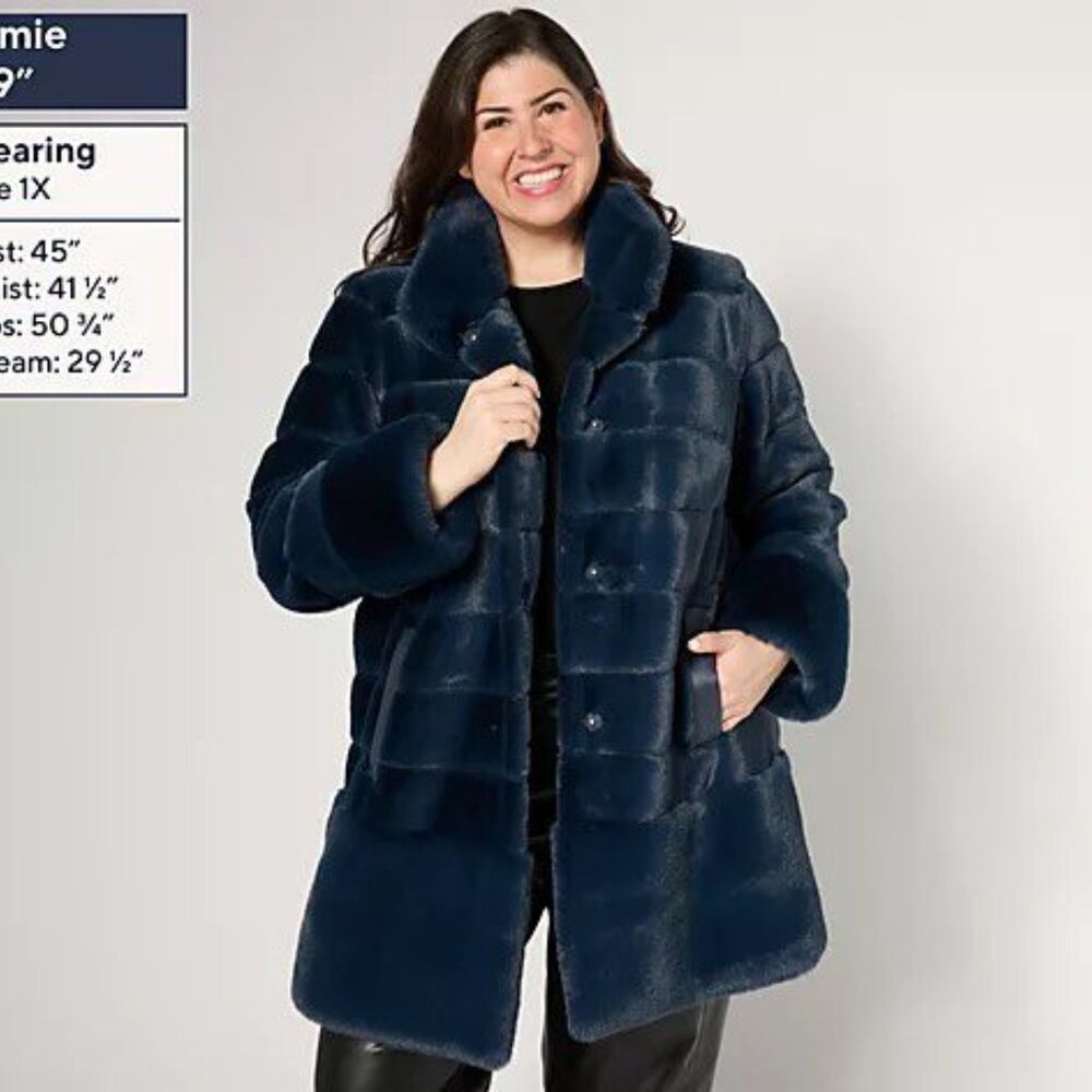 Dennis Basso Pelted Faux Fur Jacket/Coat with Stand Collar Size XL Slate Blue - Picture 5 of 6